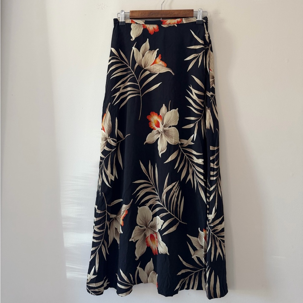 Jones New York 100% Silk Floral Black and Orange Maxi Skirt Flowy Size 6